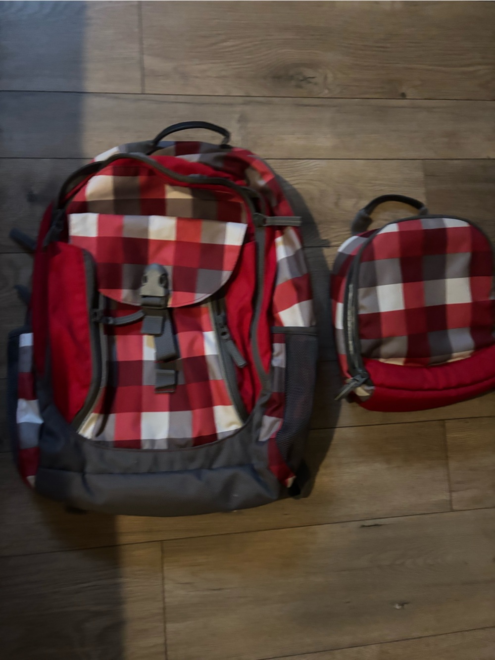 Lands' End Red and Gray Plaid Kids Backpack with Matching Lunch Bag
